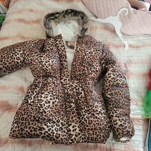 Girls Leopard Print Kids Jacket with Faux Fur Hood Size: 8/10 (150)